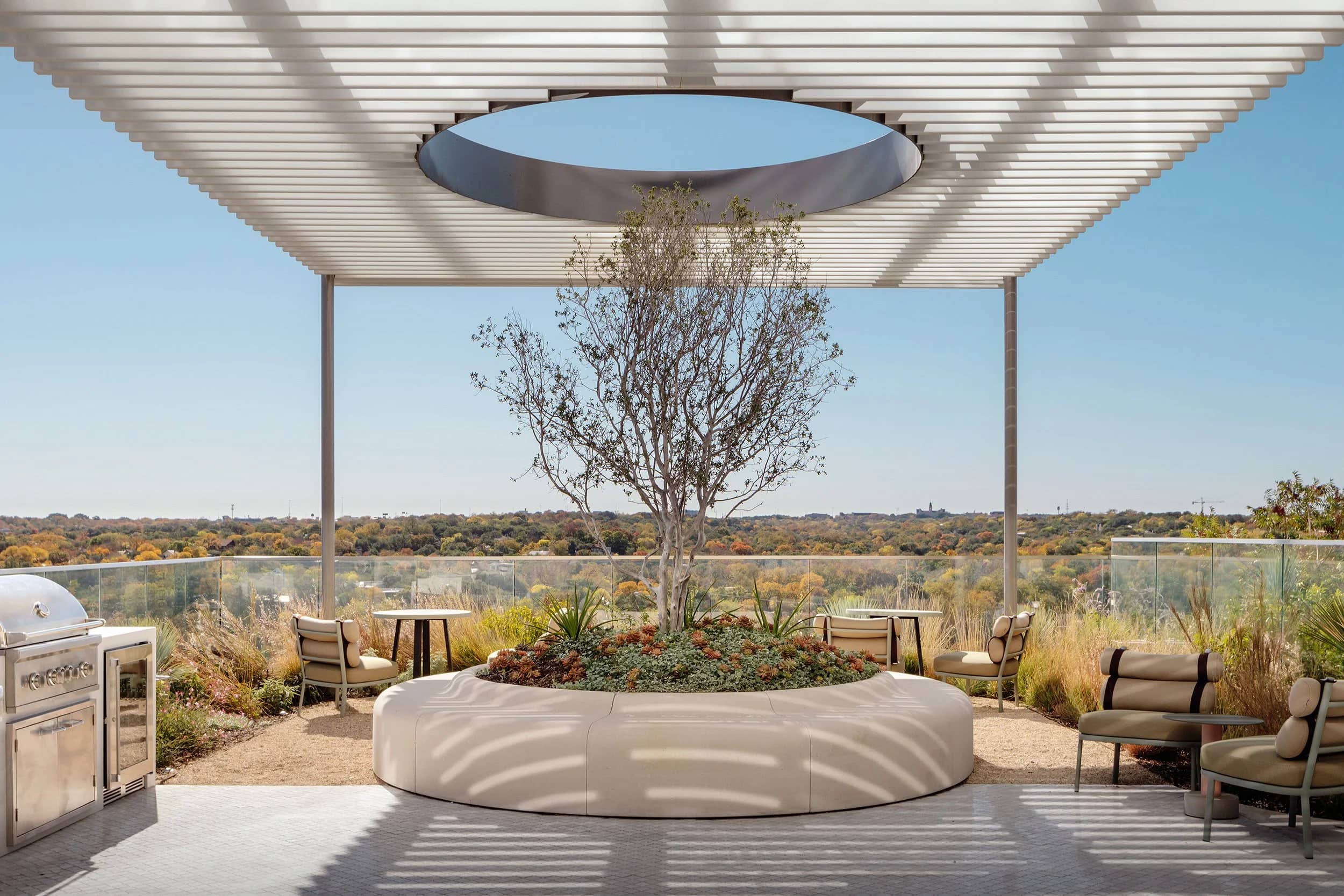 A rooftop terrace under a slatted pergola with a circular opening cut through it, looking out over tree canopy to the horizon.